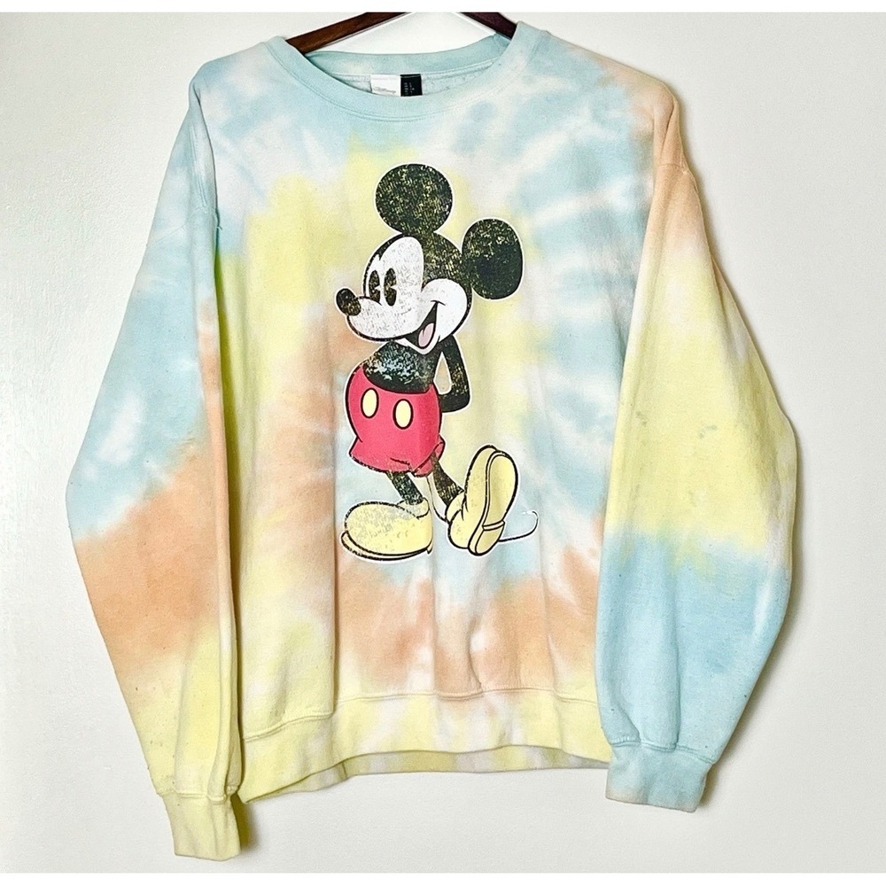 Disney Mickey Mouse Tie Dye Sweatshirt Mens Large Pastel Spiral Pullover Graphic